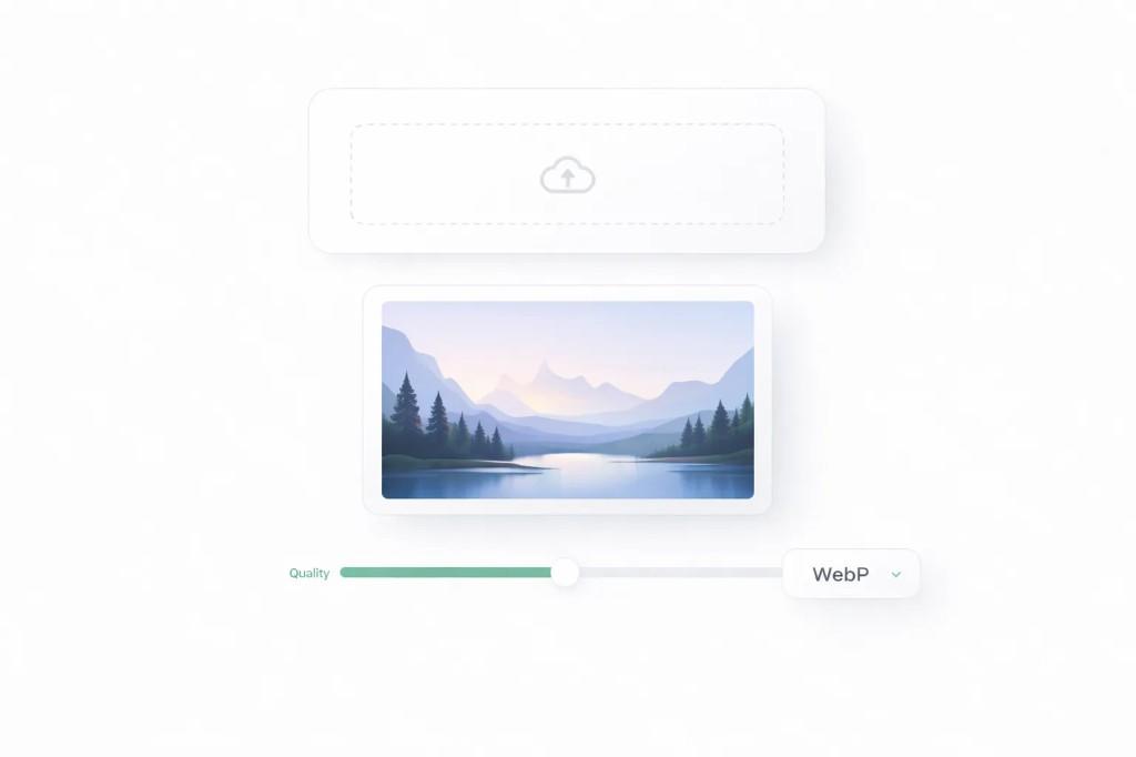 ConvertPixel.cloud converter interface with upload area, image preview, quality slider, and WebP format selector